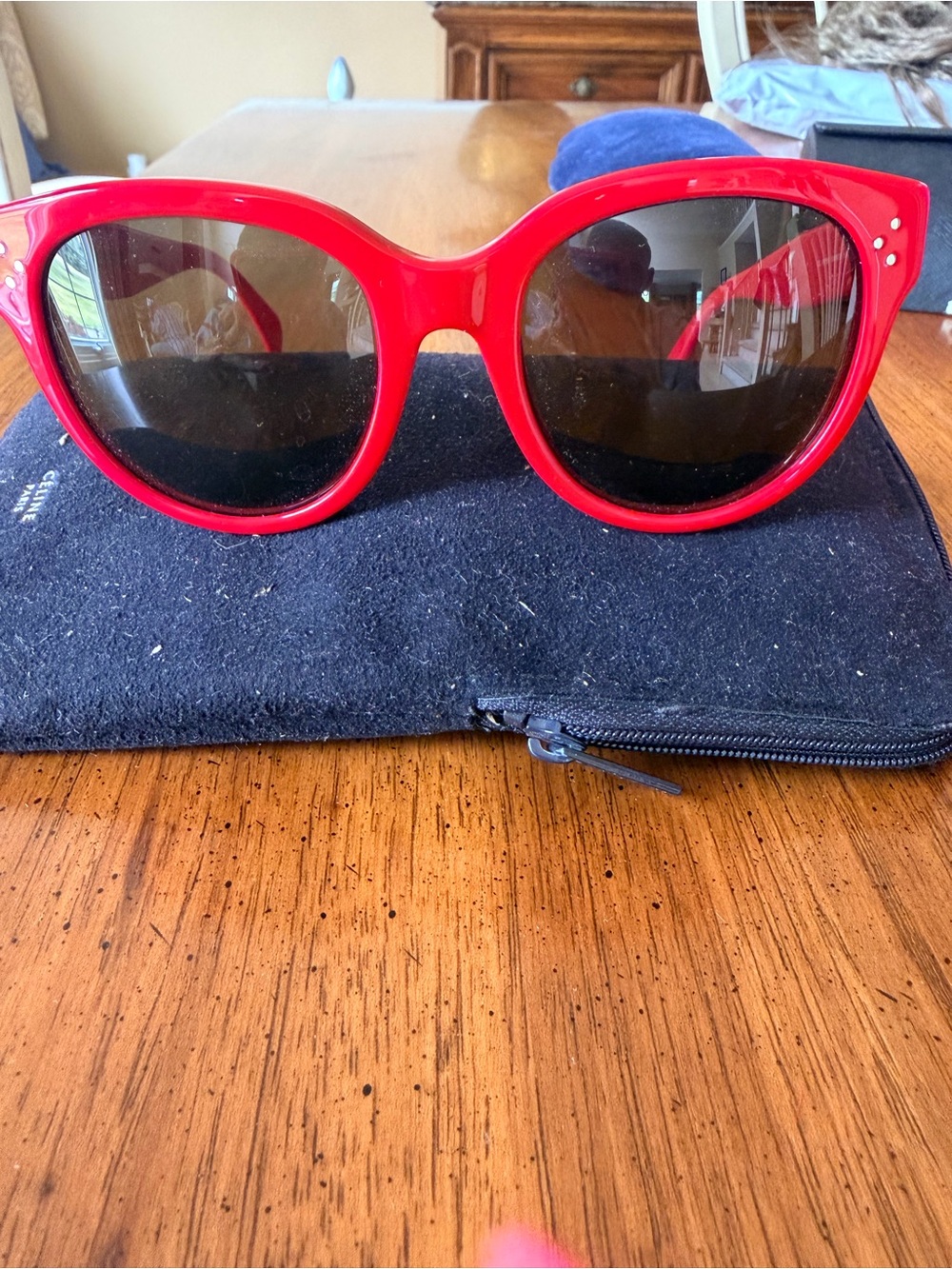 Celine Red Round Sunglasses with Dark Lenses